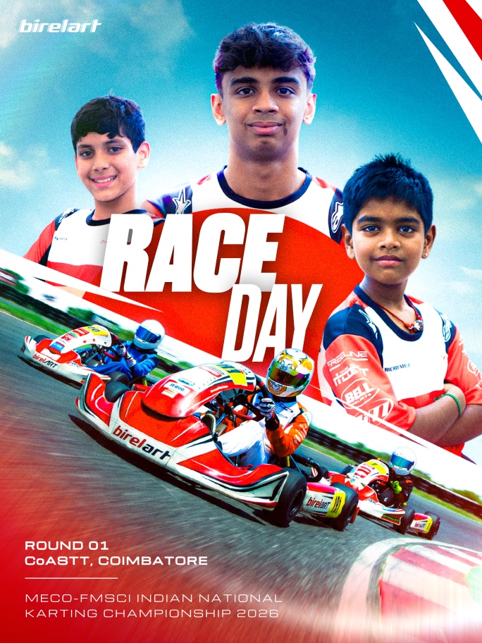 Birel Art India Race Day poster with three drivers and a kart on track.