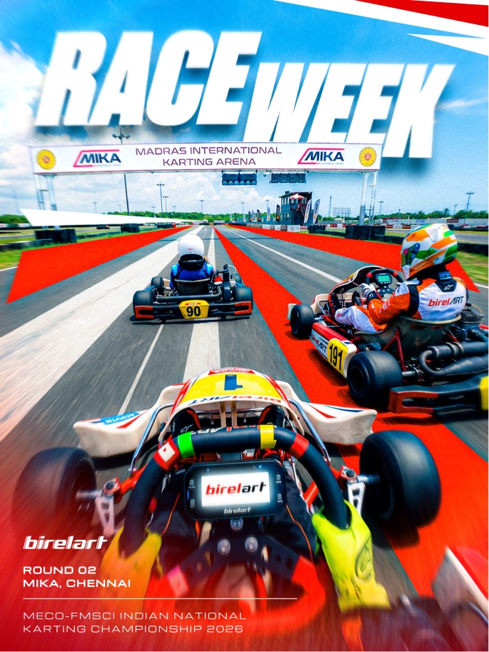 Birel Art India Race Week poster with karts on a red and blue graphic.