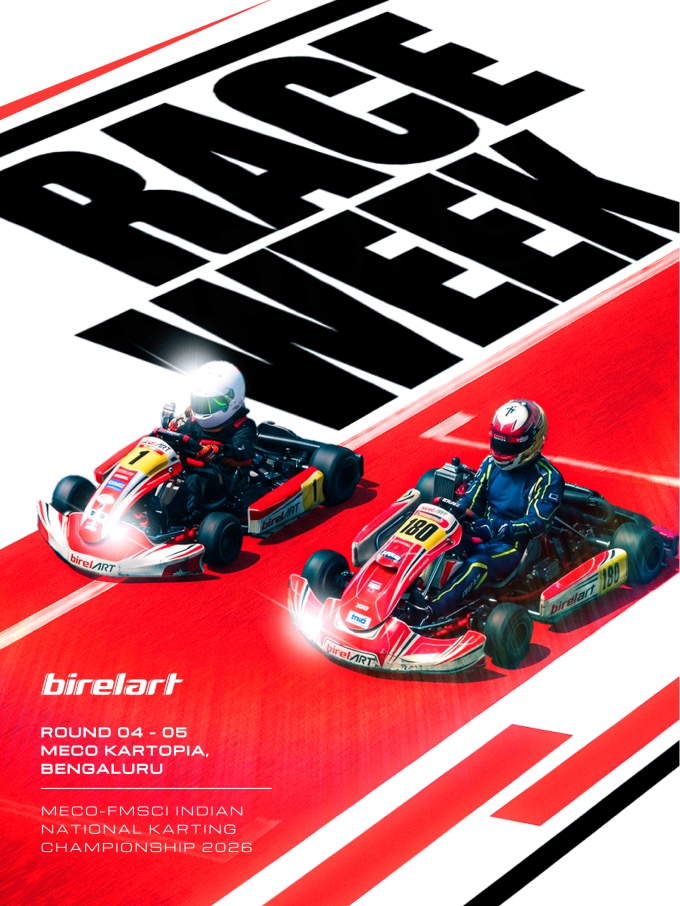 Birel Art India Best Rookie poster with a driver holding a trophy.