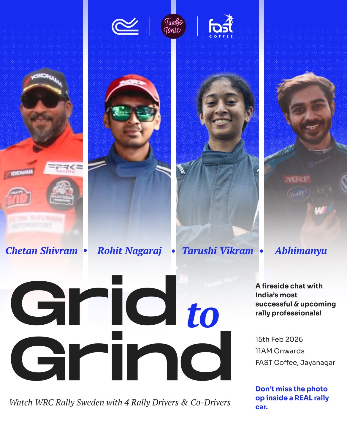 Grid to Grind poster with four drivers above bold black lettering.