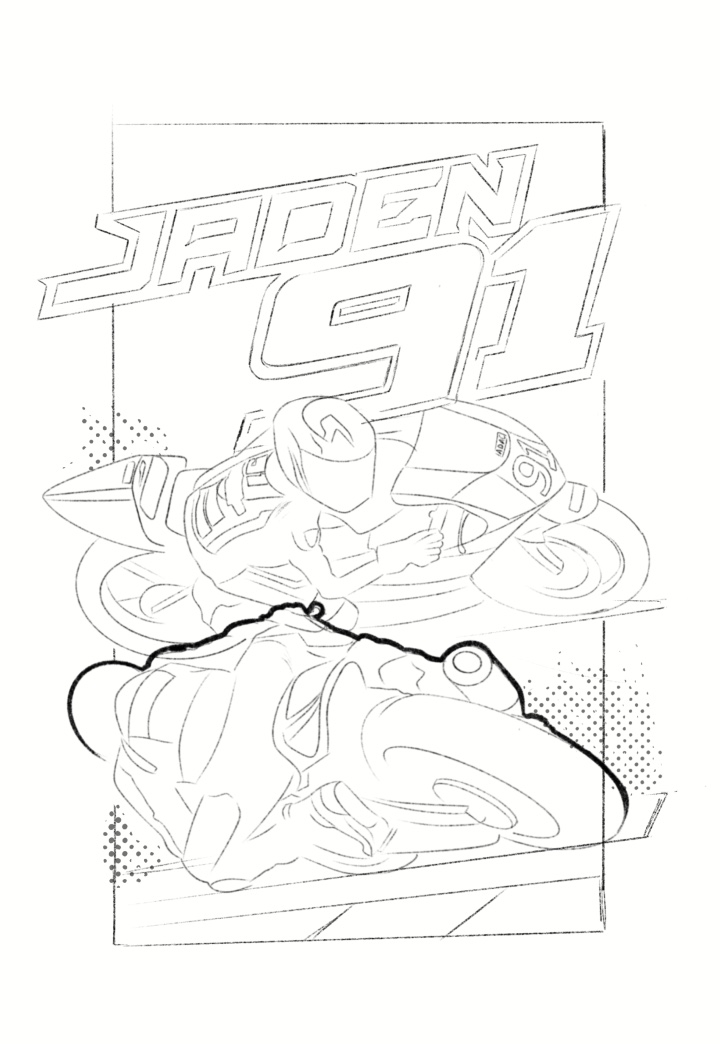 Pencil sketches for the Jaden 91 illustration.