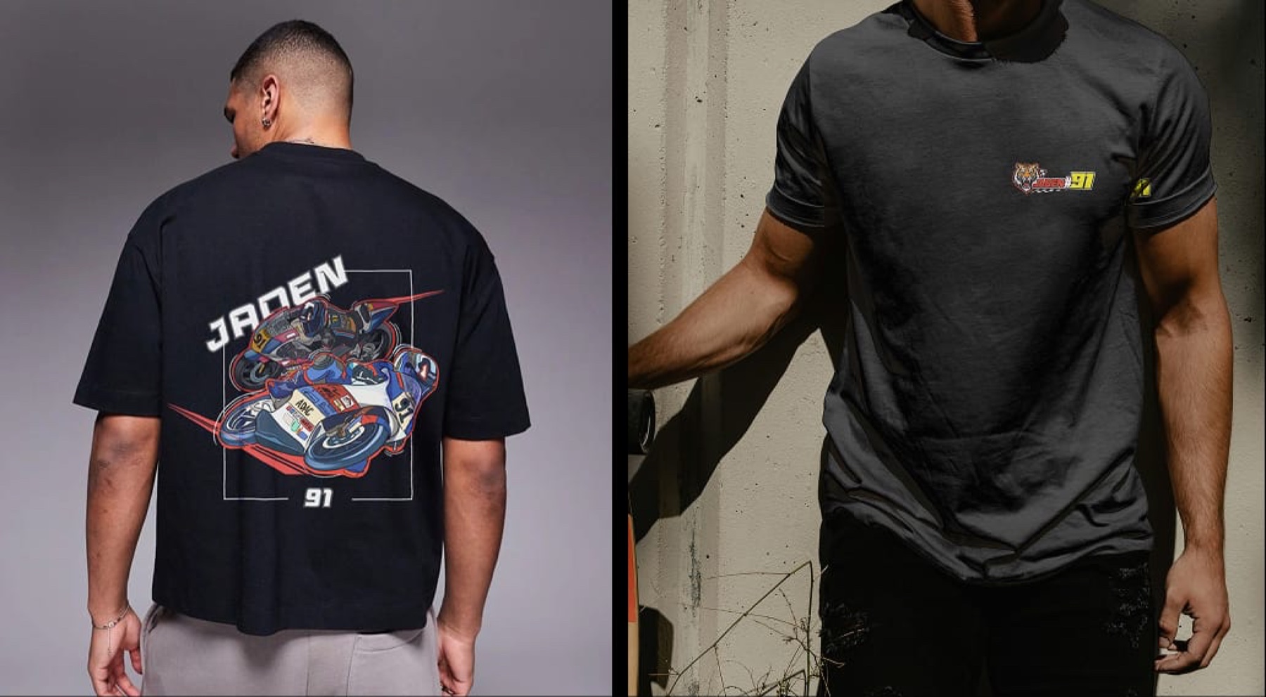Two T-shirts from the Jaden 91 merchandise range, one showing the back print.