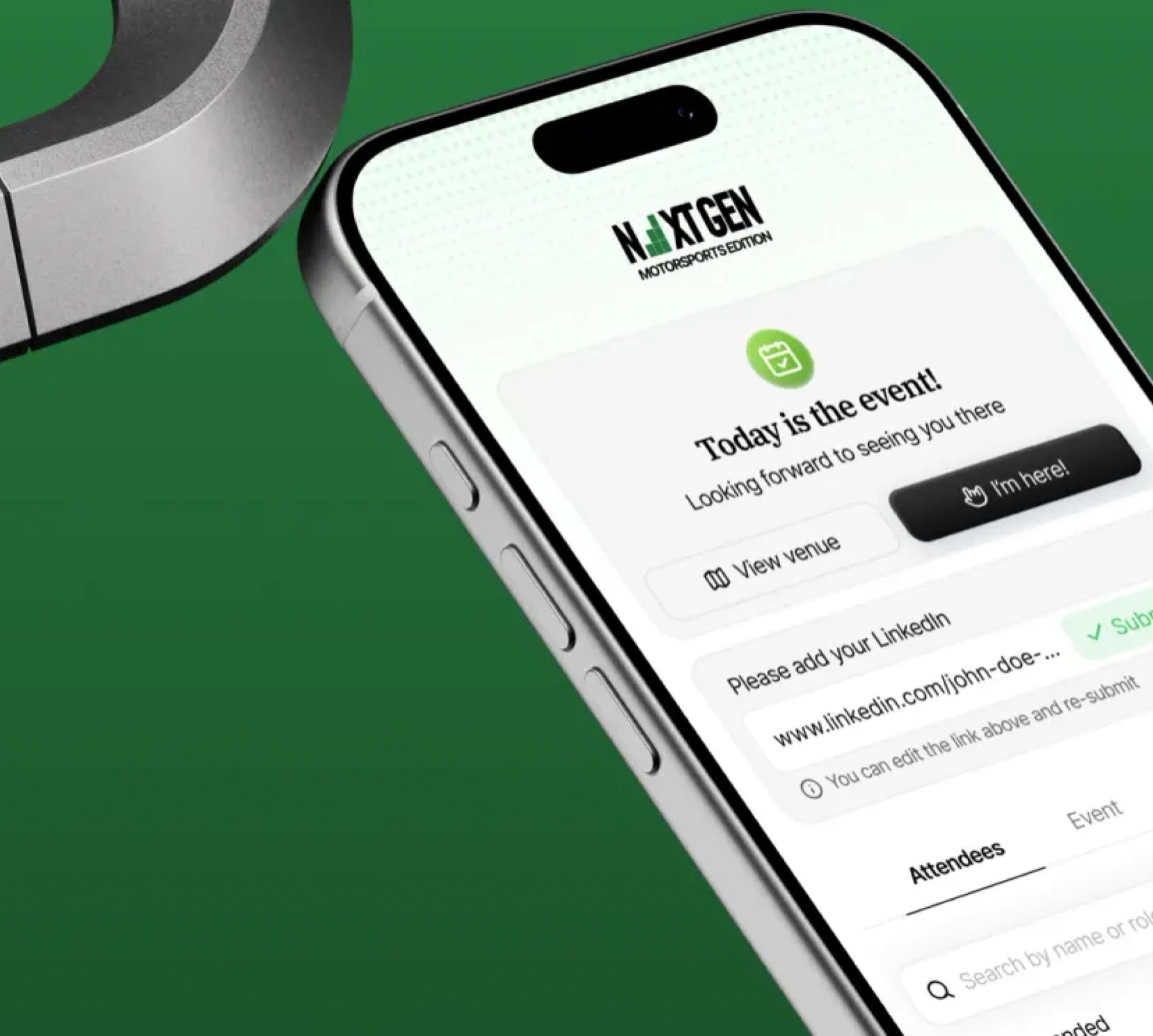 Phone showing the NextGen check-in screen.