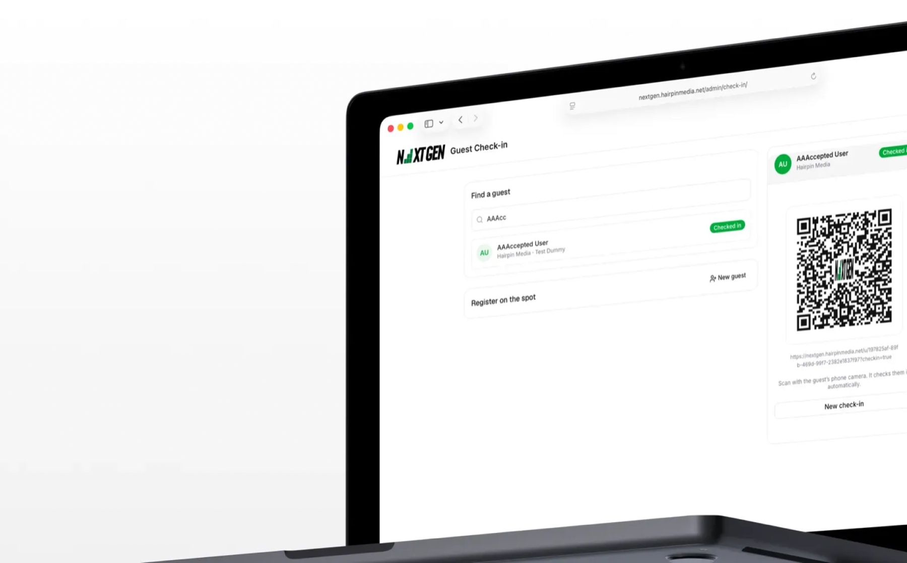 Laptop showing the NextGen guest check-in dashboard.